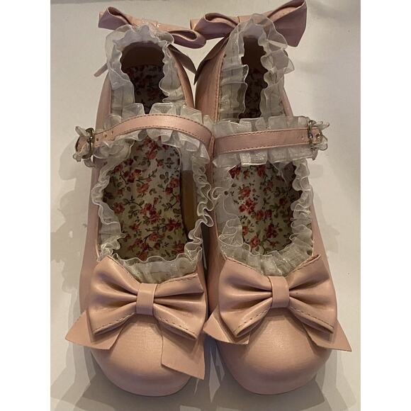 Lolita Womens Mary Janes Pump Shoes Bowknot T-Strap Block Heel Lace - Size 34 - Picture 5 of 8